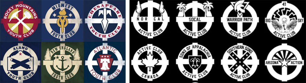 Youth Club logos [Left] closely mimic Active Club [Right] logos, consisting of a variation of the Celtic Cross, along with a symbol illustrative of the group’s regional location.